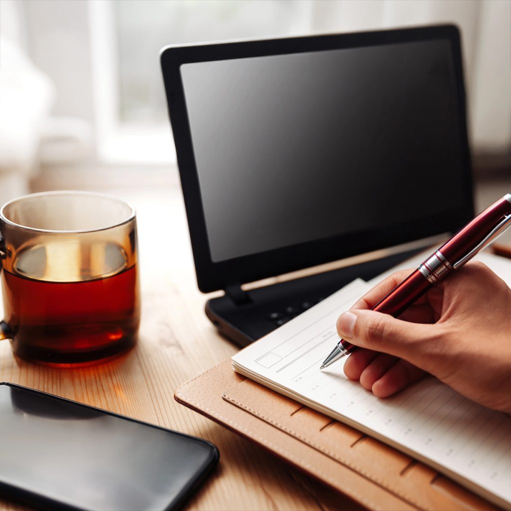 A person sitting with their laptop and phone, taking notes from an online session